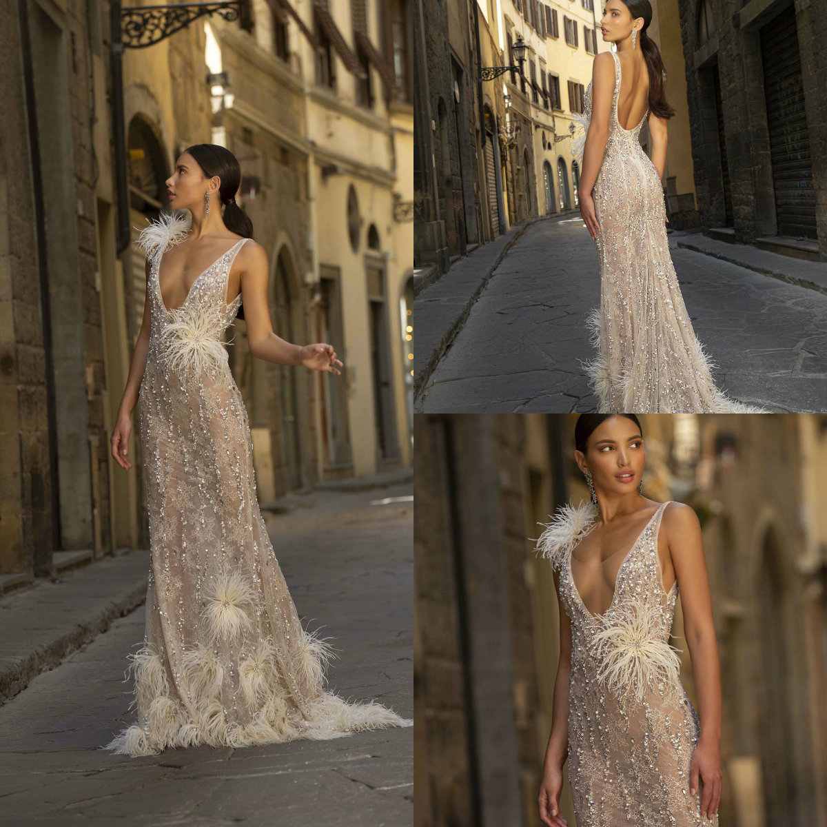 2020 Berta Beaded Prom Dresses Deep V Neck Lace Sequins Feather Sexy Backless Mermaid Evening Gowns Sweep Train Formal Party Dress