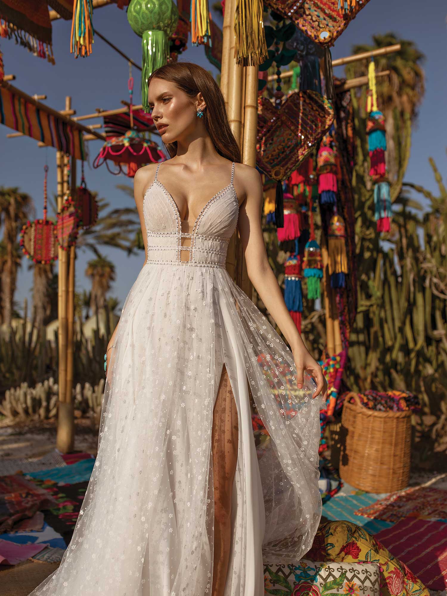 asaf dadush tulle wedding dresses lace appliqued beach spaghetti v neck a line bohemian split boho bridal gowns vestido de novia
