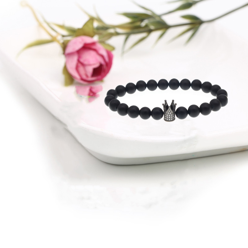 Men's and Women's Matte Black Agate Beads Gemstone Bracelet Wrist Crown Gift Bracelet