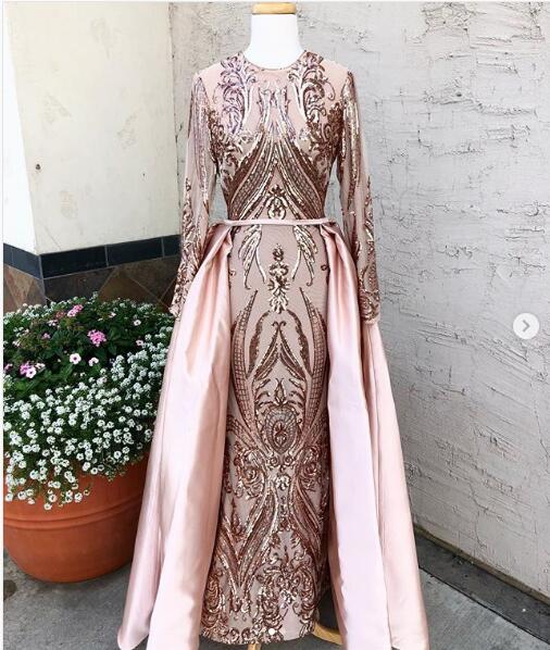 Scarlett Rose Gold Blush Mermaid Evening Formal Dresses with Long Sleeve 2019 Jewel Neck Muslim Dubai Arabic Occasion Prom Plus Size Gown