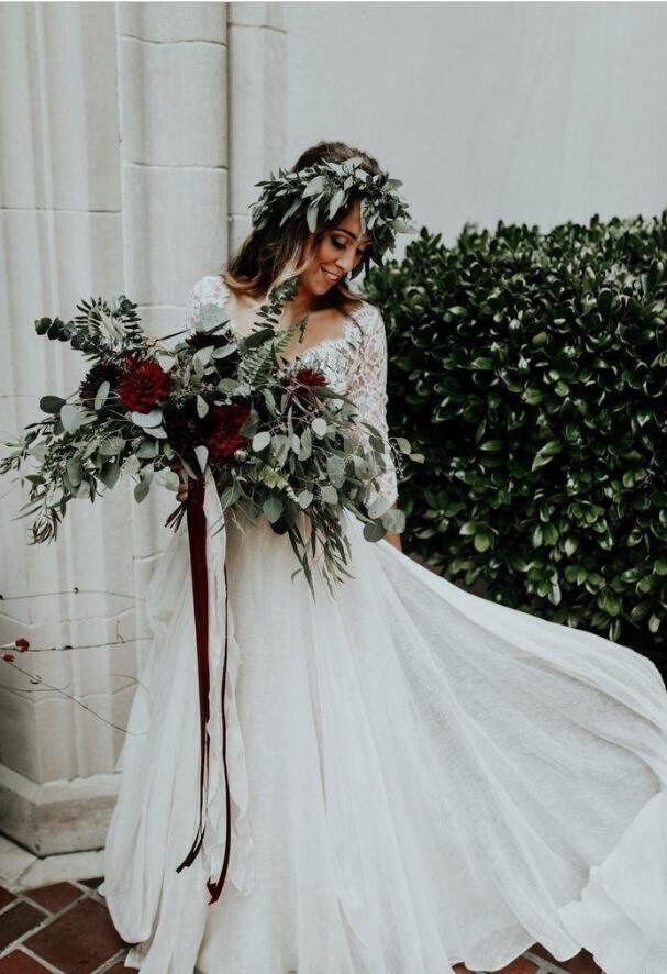 2019 Bohemian Two Pieces Wedding Dresses 3 4 Long Sleeve V Neck Sweep Train Lace Top Chiffon Beach Garden Country Boho Bridal Gowns