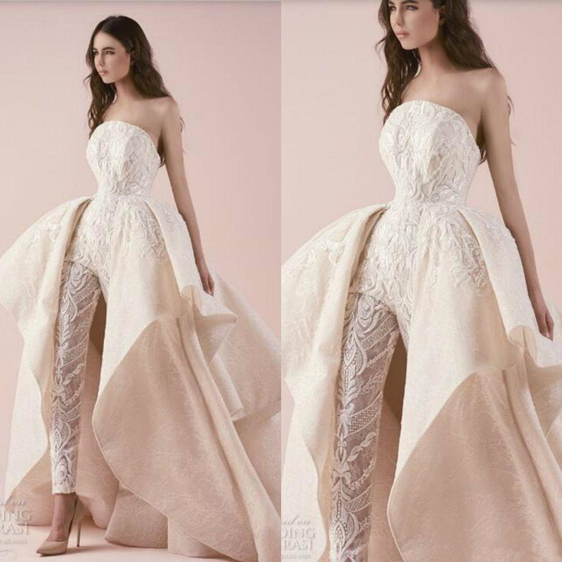 Strapless Bride Jumpsuit With Detachable Train 2020 Full Lace Embroidery Applique Ruffles Puffy Princess Arabic Wedding Dress Pant Suit Gown