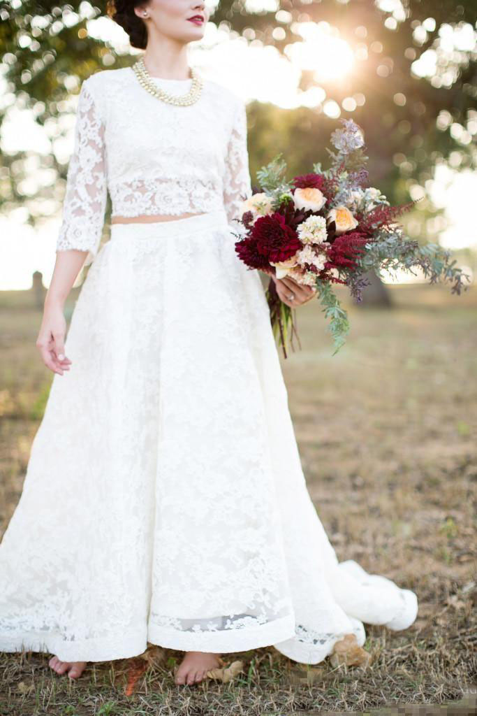 Two Pieces Bohemian Wedding Dresses Vintage A Line Jewel with 3/4 Long Sleeves Country Rustic Lace Boho Beach Bridal Gowns