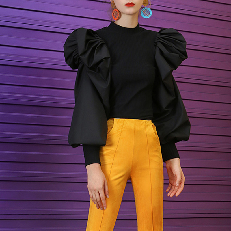 TWOTWINSTYLE Patchwork Knitting Women's Sweaters O Neck Puff Sleeve Ruched Streetwear Female Sweater Autumn Fashion New 2019 V191105