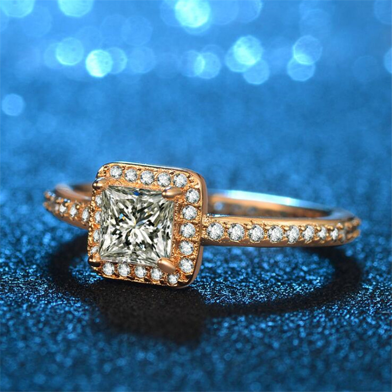 Classical New Simple Fashion Jewelry 925 Sterling Silver&Gold Fill Princess Cut White Topaz CZ Diamond Gemstones Square Women Wedding Ring