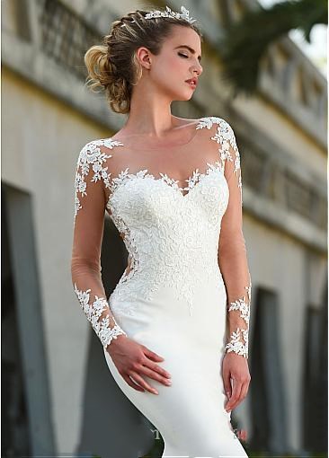 Sheer Gowns Long Sleeves Satin Mermaid Wedding Dresses Tulle Lace Applique Sweep Train Bridal With Buttons robes de mariée
