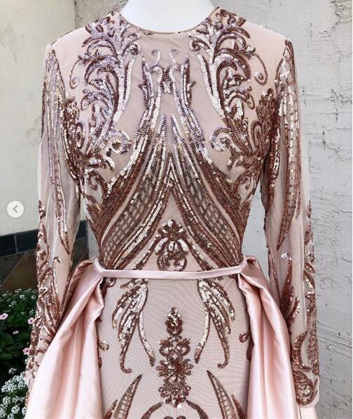 Scarlett Rose Gold Blush Mermaid Evening Formal Dresses with Long Sleeve 2019 Jewel Neck Muslim Dubai Arabic Occasion Prom Plus Size Gown