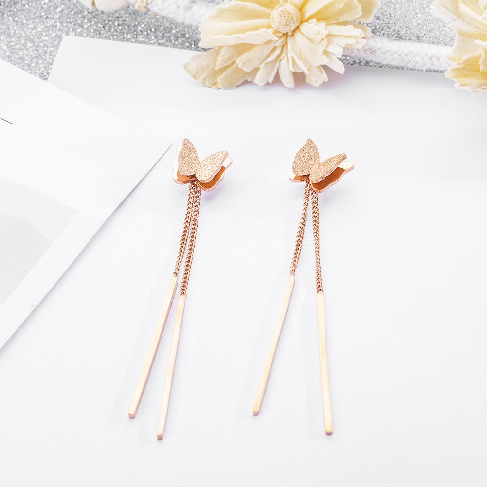 Charm Shining Scrub Butterfly Tasseel Drop Earrings Jewelry Stainless Steel 14K Gold Plated Earrings Women Girl's Gift