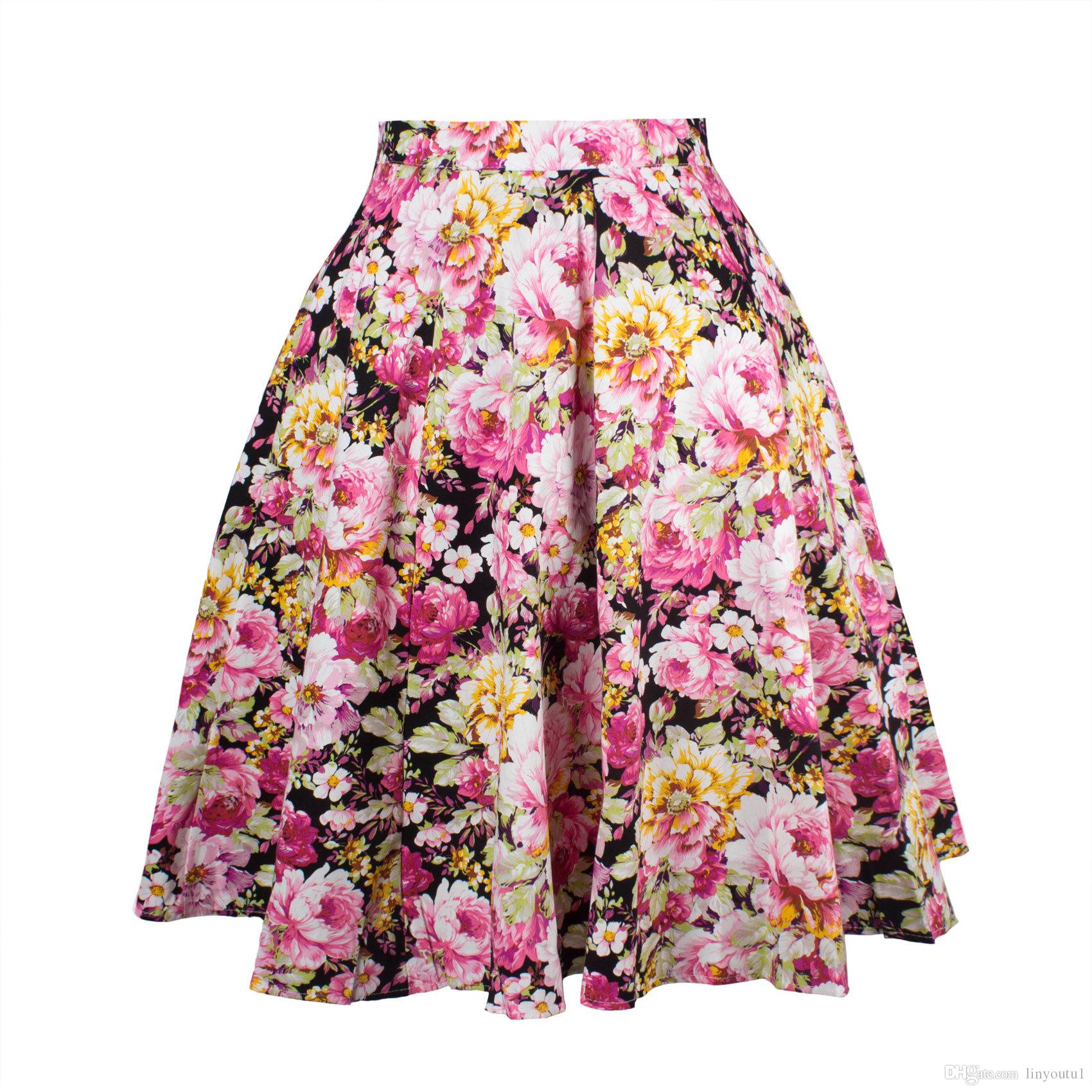 2020 Black Skirt Women High Waist Plus Size Floral Print Polka Dot Ladies Plaid Skirts Skater 50s Swing Vintage Skirts Womens