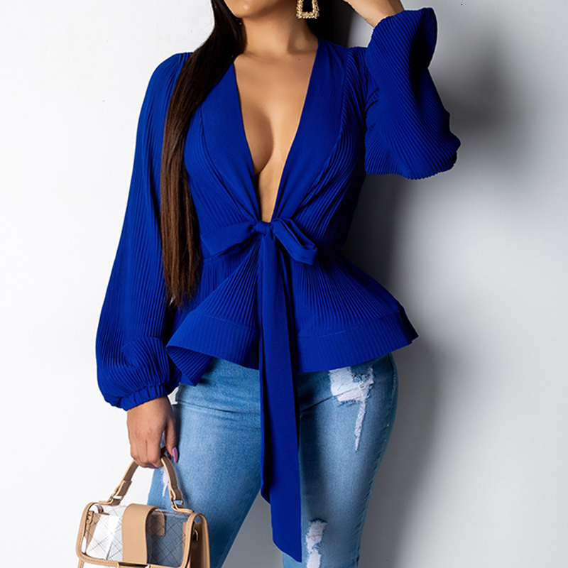 Lantern Sleeve Blouse Shirt Women 2019 Fashion Summer Sashes Wrap V-neck Office Shirt Elegant Ladies Tops Female Clothing V191028