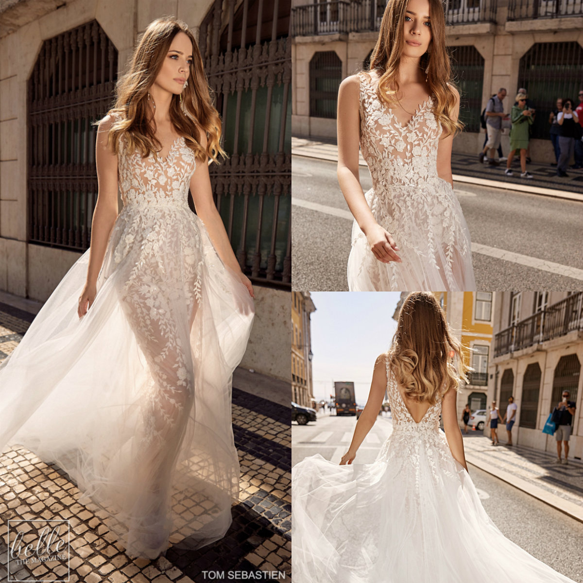 Berta Mermaid Dresses V Neck Lace Appliqued High Side Split Backless Bohemian Wedding Dress With Detachable Skirt Bridal Gowns