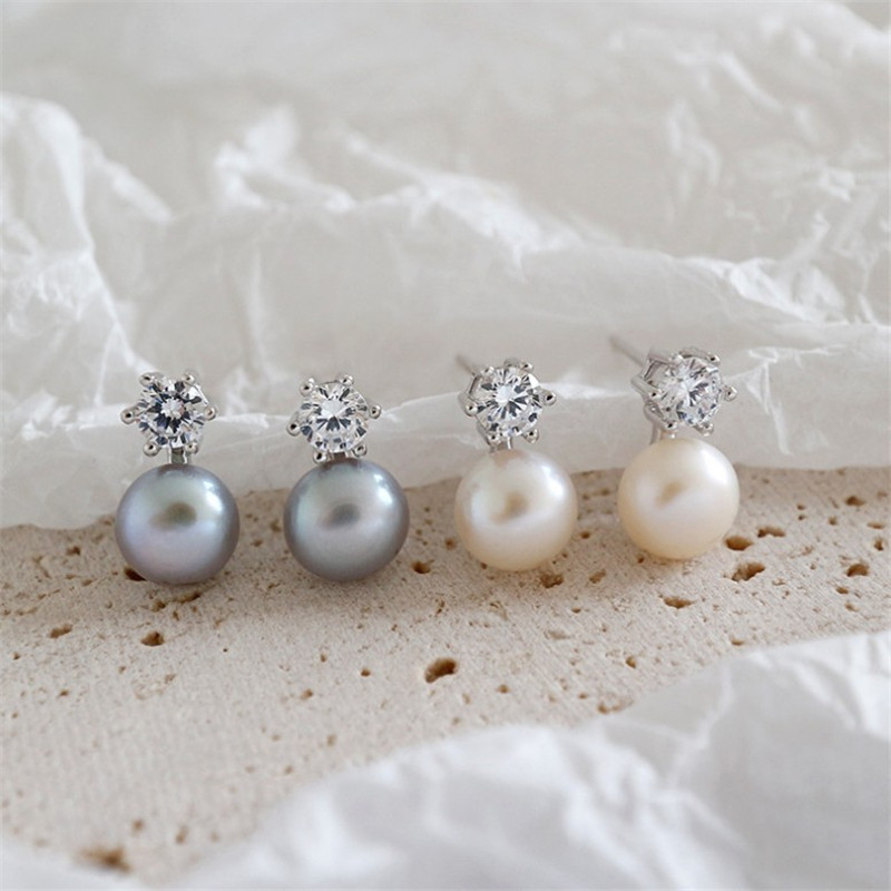 100% 925 Sterling Silver Zircon Earrings For Women Natural Freshwater Pearl Stud Earring Female Silver Fine Jewelry