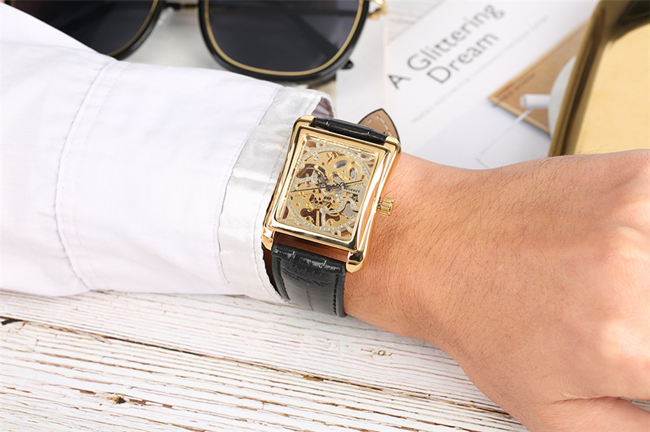 Mechanical Watch for Men Unique Rectangle Skeleton Men Watch Manual Mechanic Genuine Leather Band Cool Wrist Watches reloj
