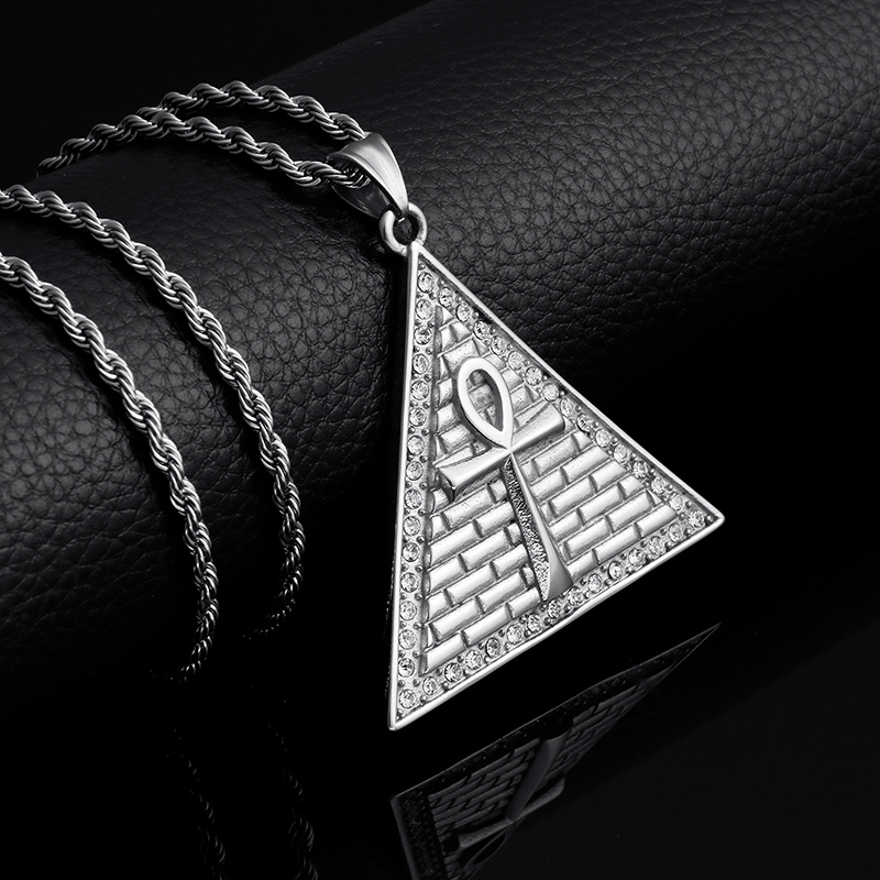 New Men Egyptian Pyramids Cross Pendants Necklace 316L Stainless Steel 18K Gold Plated Rhinestone Setting Jewelry