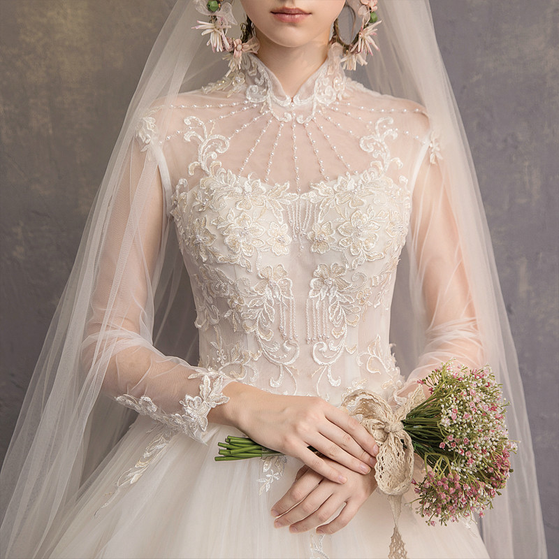 Modest YL Ball Gown High Neck Long Sleeve Hollow Wedding Dresses Lace Applique Pearls Wedding Gowns Sweep Train Bridal Gowns