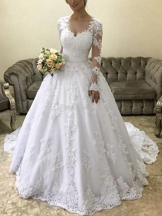 Modest Long Sleeves Dresses Lace Applique V Neck Ribbon Custom Made Sweep Train Plus Size Ball Wedding Gowns Vestido De Novia