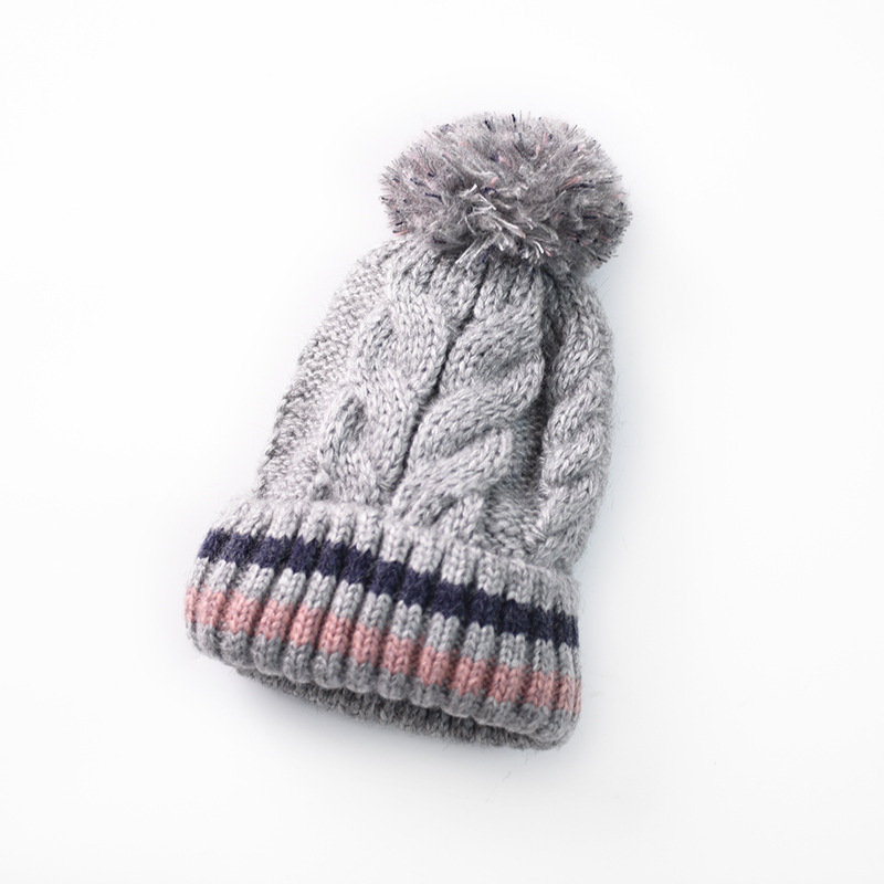 Fur Pompom Wool Winter Hat for Women Girls Striped Knitted Skullies Beanies Thick Warm Pom pom Hat Ski bonnet femme