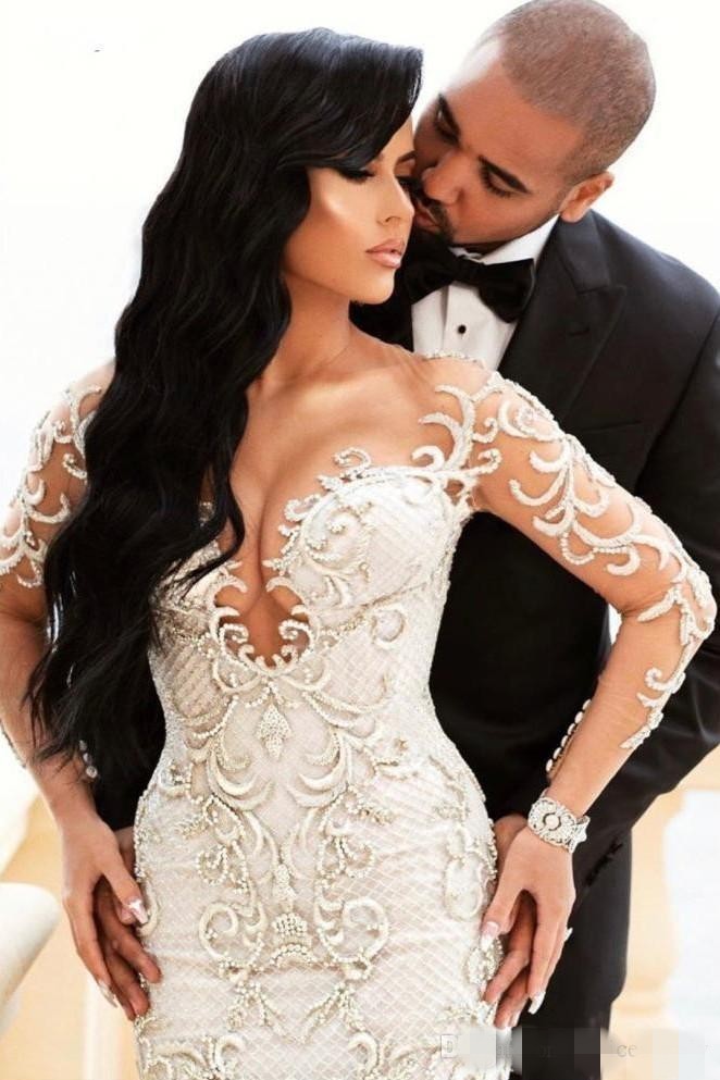 Gorgeous Long Sleeves Wedding Dresses Lace Applique Illusion Mermaid Sheer Neck Sweep Train Custom Made Wedding Gown vestido de novia