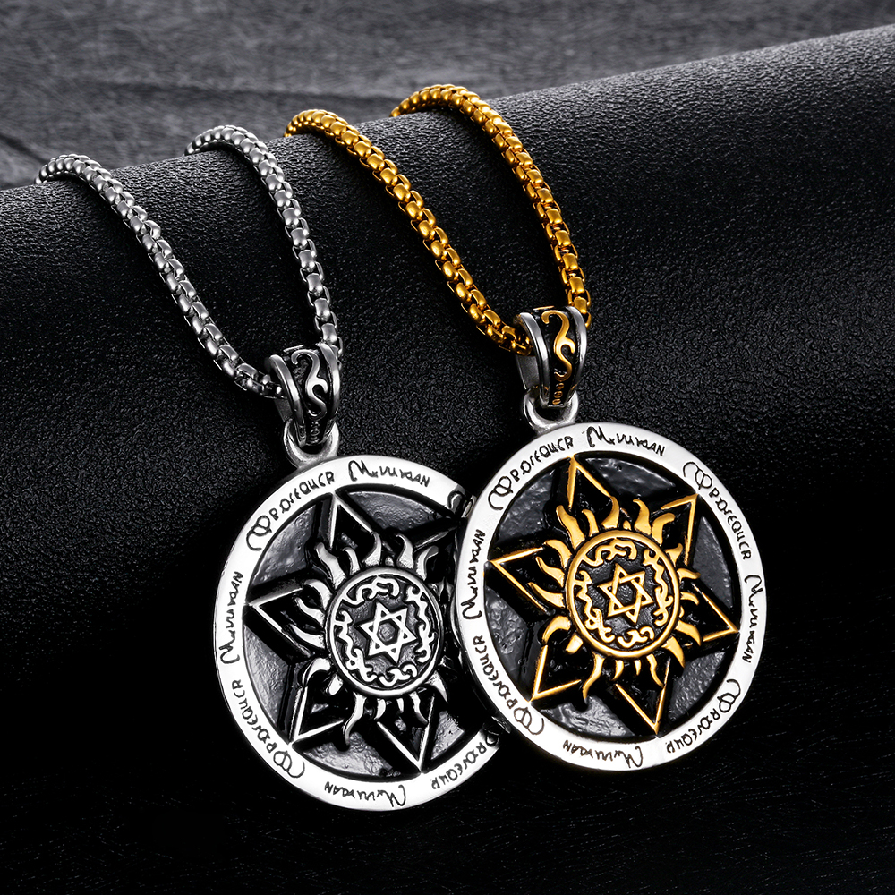 Retro Holy Angel Six-pointed Star Pendants Necklace Jewelry Cool Men Stainless Steel Pendant Necklace Men's Gift