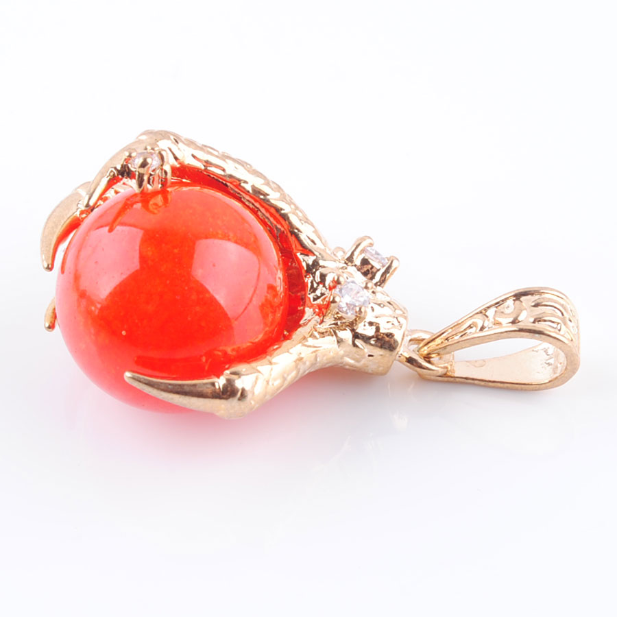 WOJIAER Natural Red Jade Gem Stone Round Bead Dragon Claw Gold Pendant & Necklace Jewelry N3103