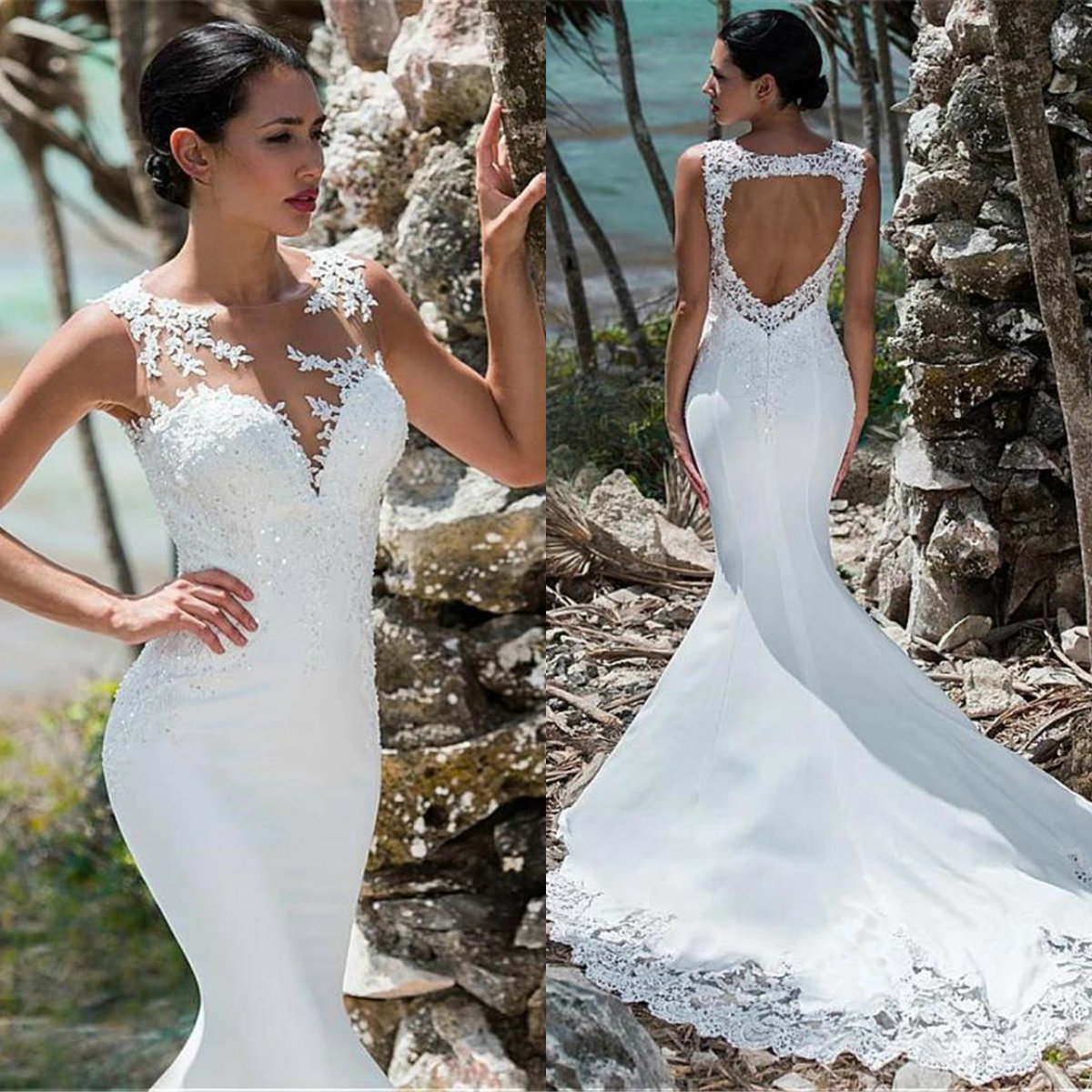 2019 Beach Mermaid Wedding Dresses Backless Satin Lace Appliqued Summer Bridal Gowns with Sequins Boho vestido de novia