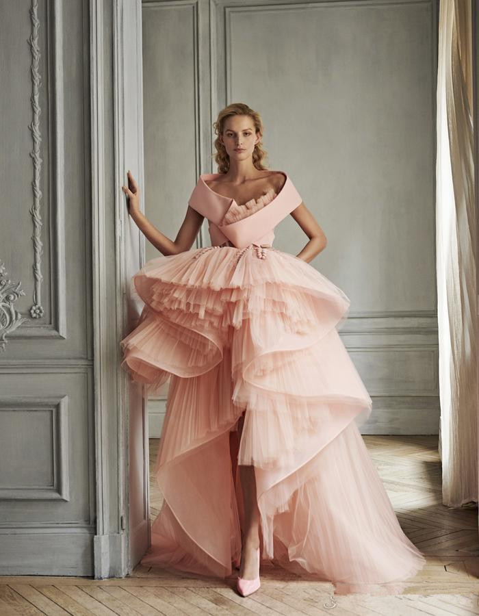 2020 Azzi Osta Pink Prom Dresses A Line Ruffles Sweep Train High Low Designer Evening Dress Tiered Skirts Cocktail Party Gowns