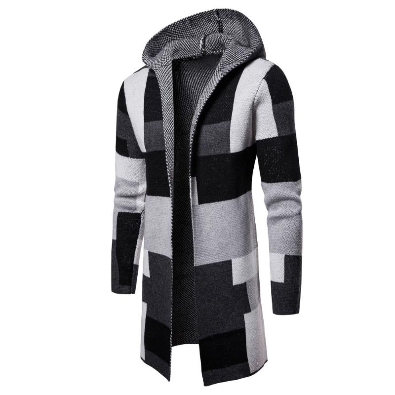 Men's Jackets Men Fashion Hooded Knit Cardigan Sweater Coat Long Sleeve Color Blocks Overcoat For