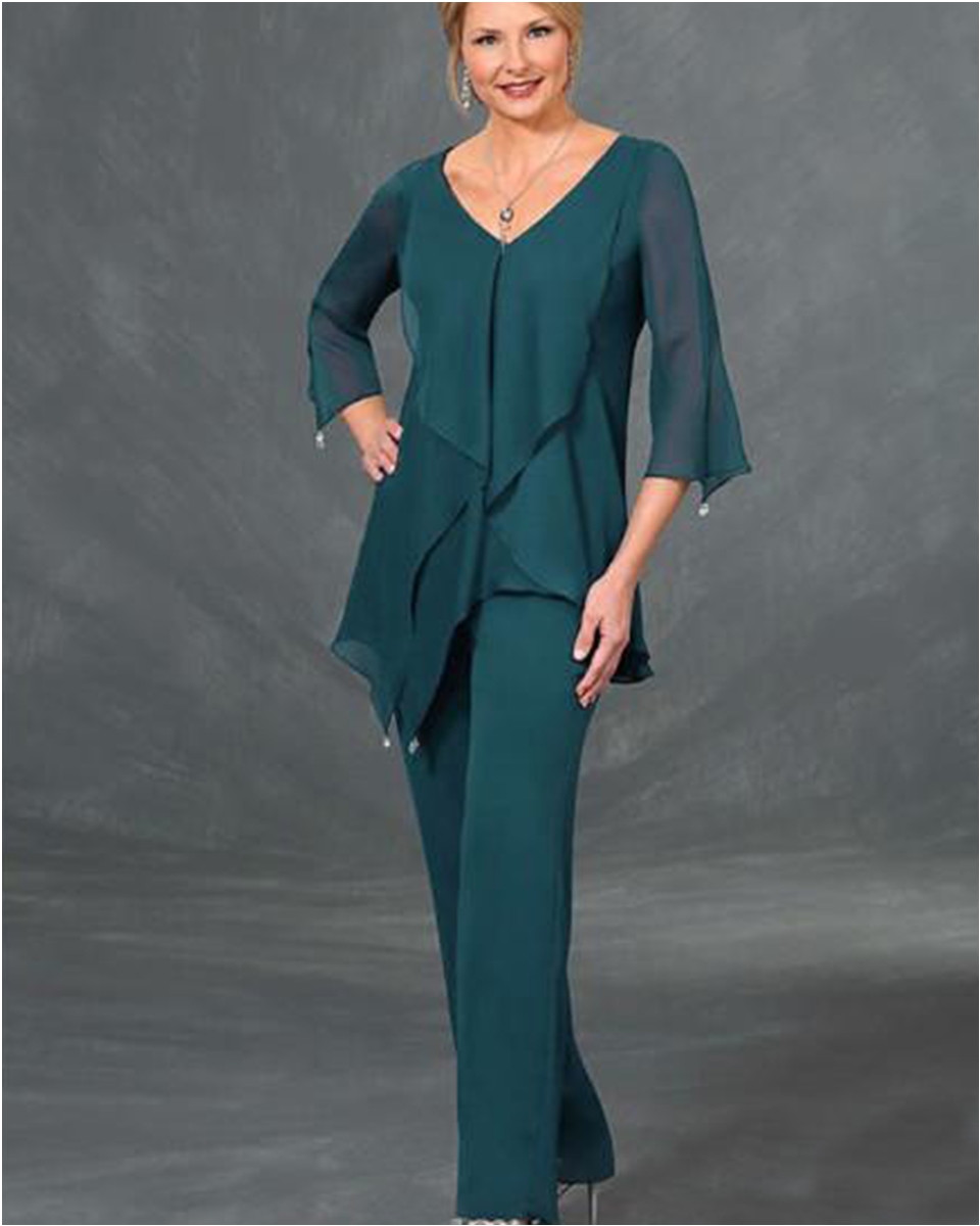 V Neck Long Sleeves Irregular Plus Size Floor Length Mothers Suits Custom Made Dark Green Chiffon Mother Of The Bride Suits Pants