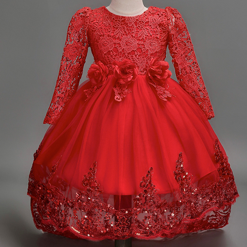 Flower Red Trailer Puffy Wedding Party Girl First Communion Attended Princess Lace Evening Dress 0522