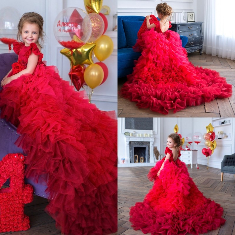 Adorable Gothic Red Cirls Pageant Dresses Princess Ruffles High Low Christmas Flower Girls Dress First Communion Gowns