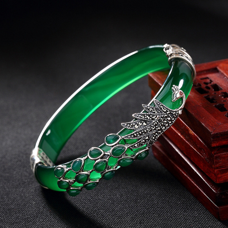 Uglyless Real 925 Sterling Silver Bangles for Women Thai Silver Animal Chalcedony Peacock Bangles Jade Creative Bracelet Jewelry CX200706