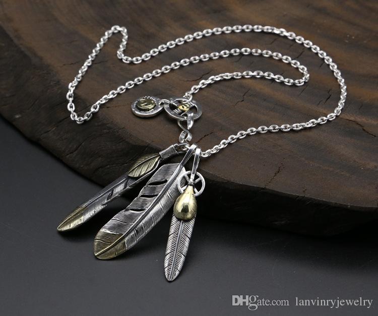 Brand new 925 sterling silver vintage jewelry antique silver hand-made designer eagle sign and feather pendant punk necklace for men women