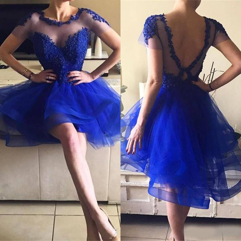 Elegant Jewel Neck Lace Beaded Ruffles Homecoming Dresses 2020 Backless Tulle Short Sleeve Graduation Dress Royal Blue Short Prom Party Gown