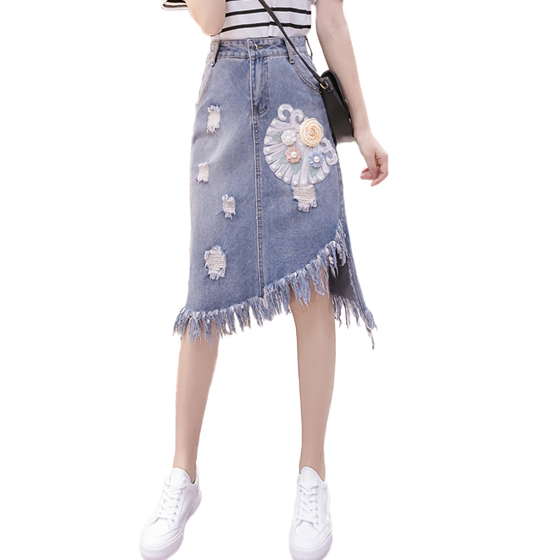 Apricot European Fashion Embroidered Denim Skirts ShuHua367