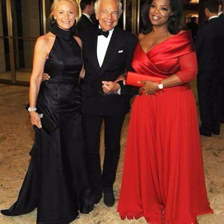 Red Oprah Winfrey Off Shoulder Evening Dresses With Half Sleeve Plus Size Ruched Chiffon Mother Formal Occasion Gowns