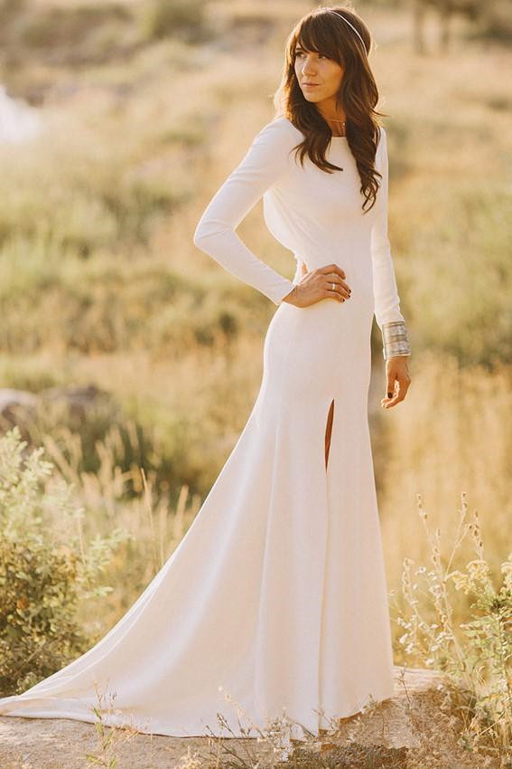 Modest Mermaid Wedding Dresses With Long Sleeves Boat Neck Low Back Simple Elegant Women Reception Beach Bridal Gowns Split Custom Made, Black
Modest Mermaid Wedding Dresses With Long Sleeves Boat Neck Low Back Simple Elegant Women Reception Beach Bridal Gowns Split Custom Made, Black
