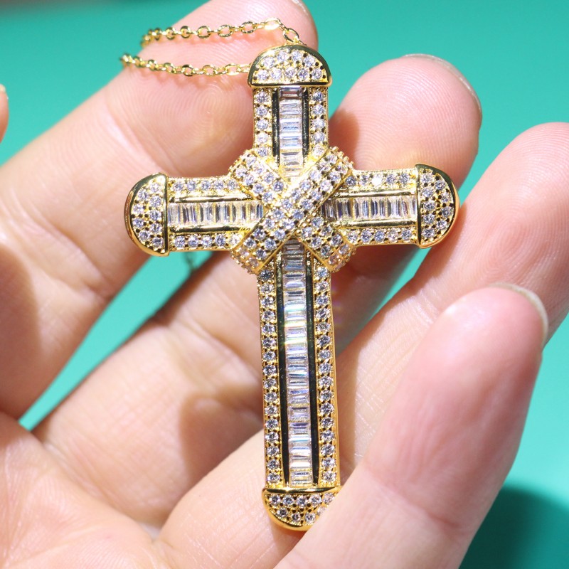 New Sparkling Handmade Fine Jewelry 925 Sterling Silver&Gold Fill Large Small Cross Pendant Christianity Party Clavicle Women Necklace