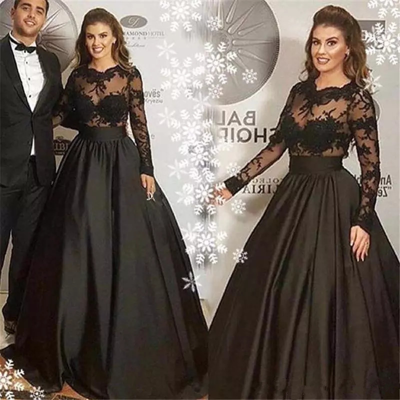 Black Lace Stain Prom Formal Dresses 2020 Illusion Long Sleeve See Through Arabic Robes De Soiree Celebrity Evening Party Dress