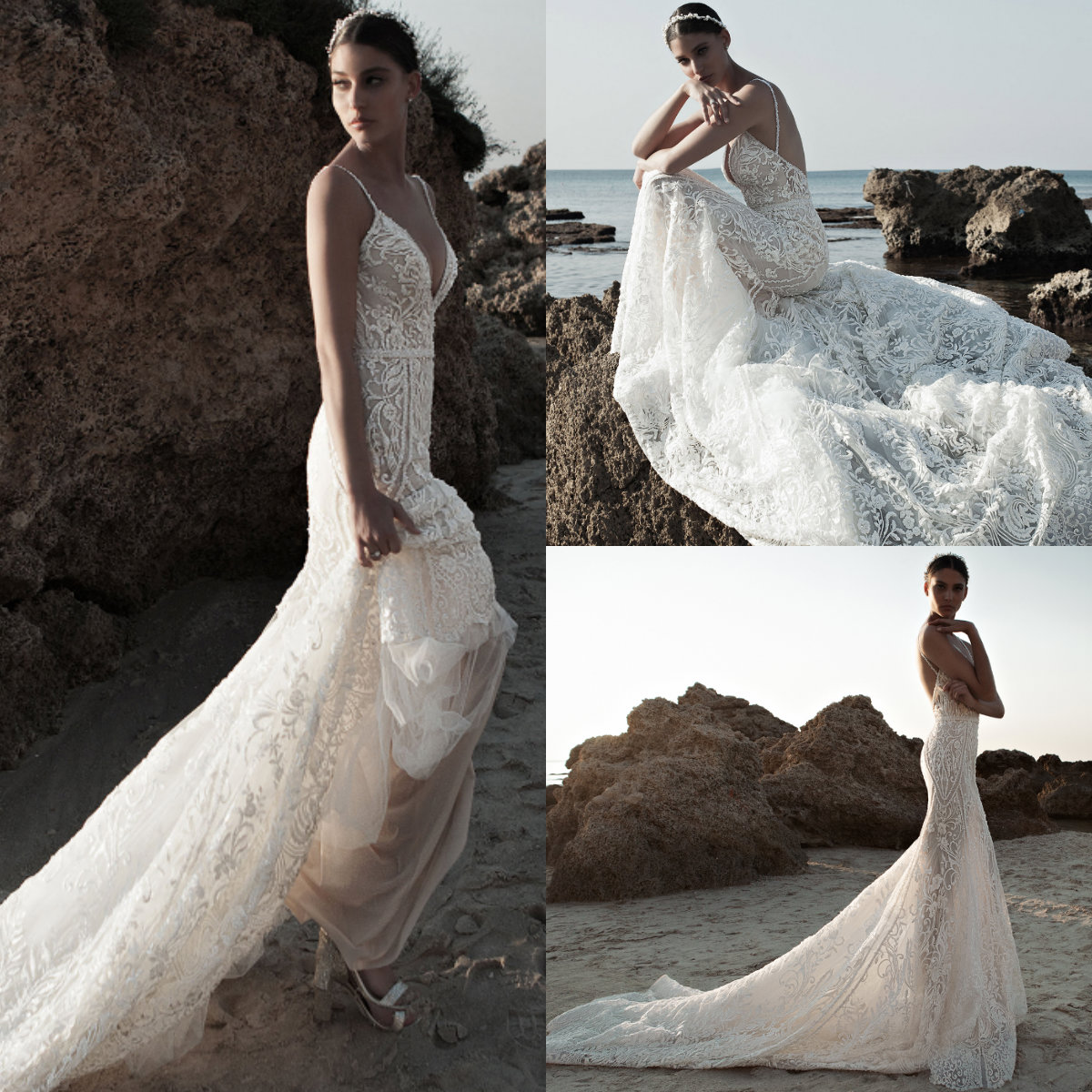 2019 Berta Mermaid Wedding Dresses Lace Applique Sexy Backless Sweep Train Beach Wedding Dress vestito da sposa Side Split Boho Bridal Gown
