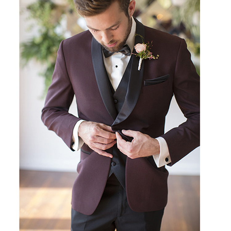 2019 Burgundy Groom Wedding Tuxedos One Piece Black Shawl Lapel Mens Blazer Best Men Formal Wear