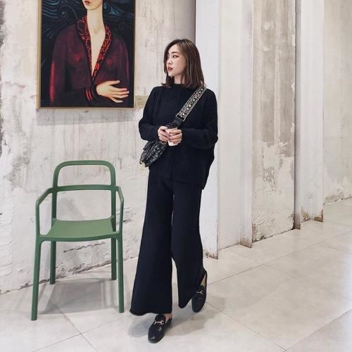 Knitting Female Sweater Pantsuit For Women Two Piece Set Knitted Pullover V-neck Long SleeveTop Wide Leg Pants Suit V191021