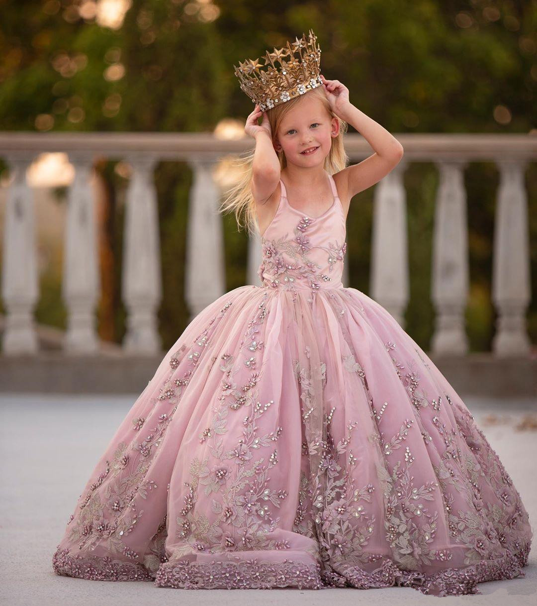 Lace Pearls wer Ball Gown Sapghetti Little Girl Wedding Vintage Communion Pageant Dresses Gowns