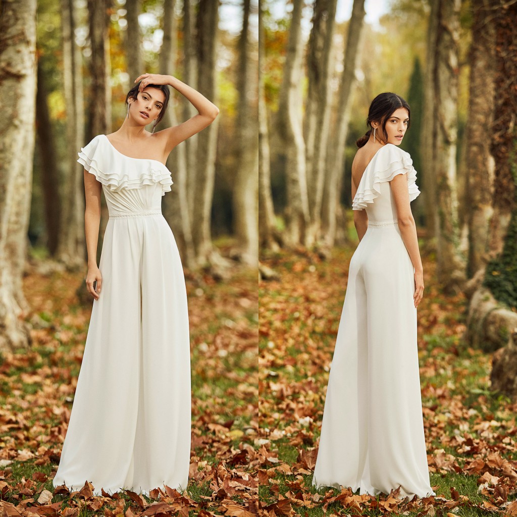 bohemian wedding jumpsuit one shoulder chiffon ankle length simple beach wedding dress pants suit summer robes de marie