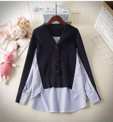 New design womens autumn knitted v-neck patchwork stripe asymmetric irregular sweater blouse top coat loose korean casacos