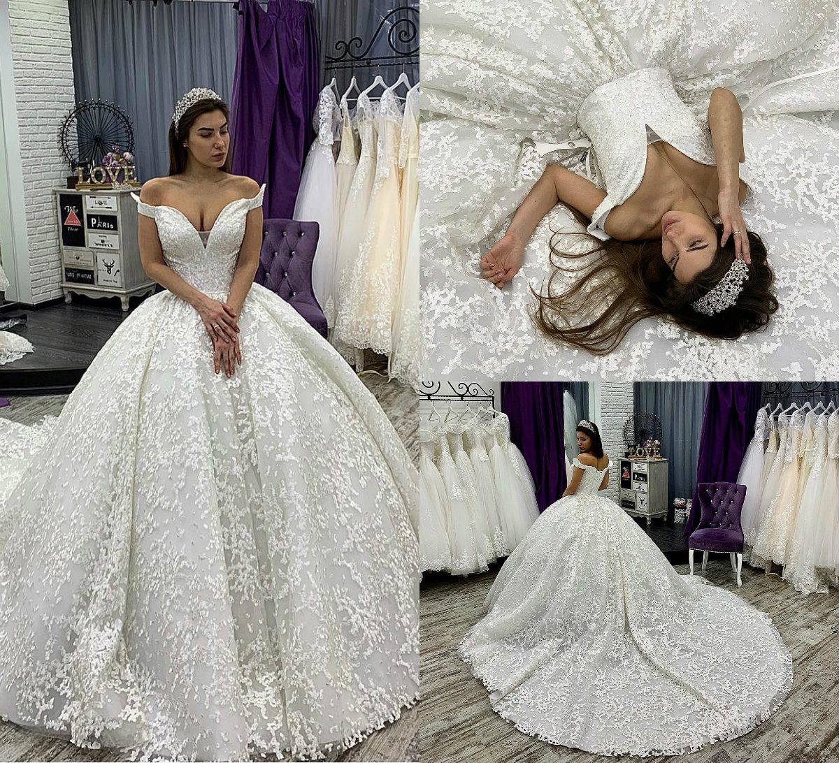Gorgeous Lace Ball Gown Wedding Dresses Off The Shoulder Appliqued Arabic Bridal Gowns Court Train Custom Made Plus Size Wedding Dress