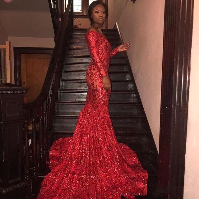 2024 Black Girls New Sexy Arabic Mermaid Prom Dresses Red Sequins Lace Long Sleeves Sequined Backless Party Dress Evening Gowns Vestidos 403 6660311