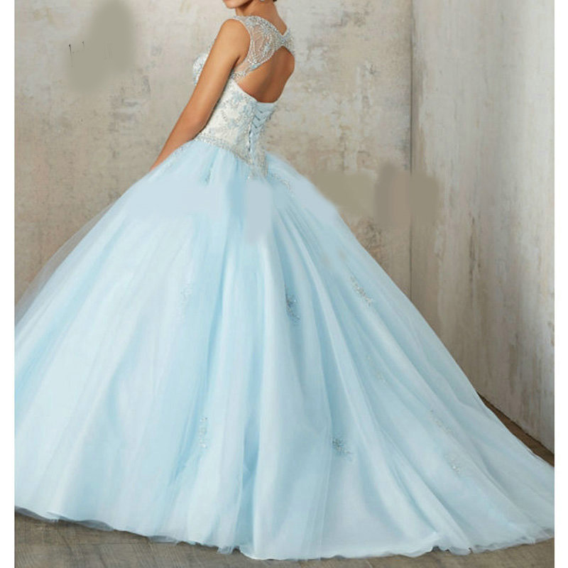 Rubydress Hot Sale Sexy Blue Quinceanera Dresses Ball Gowns Long Blue Tulle Appliques Beaded Sweet 16 Dress