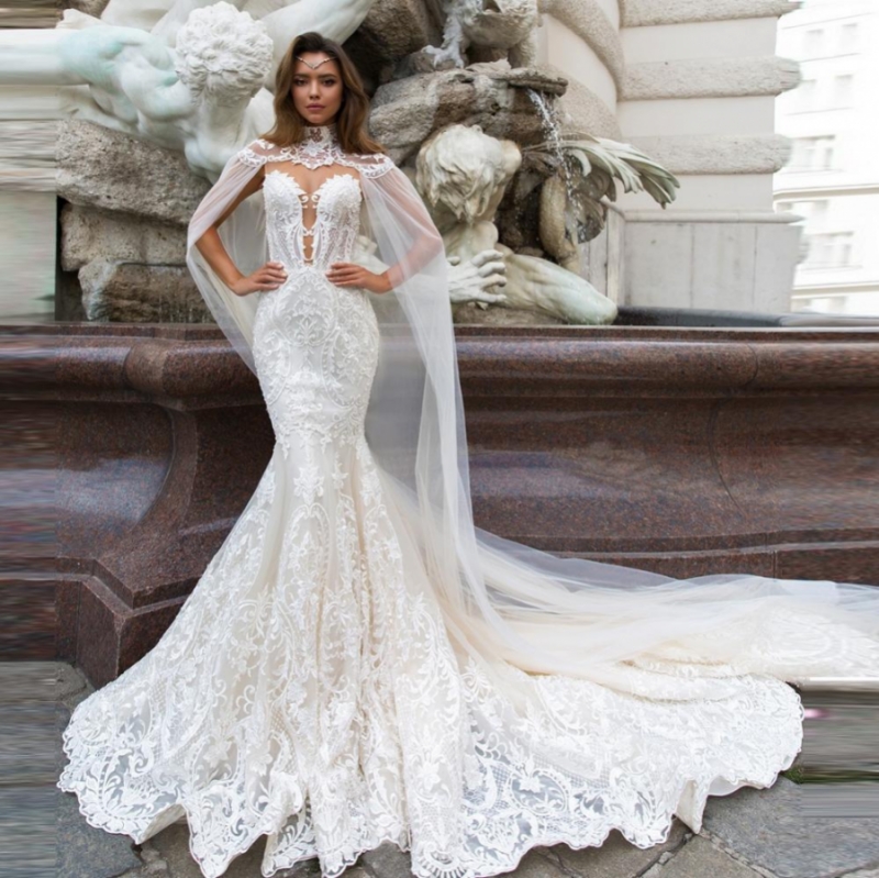 Mermaid Wedding Dresses Button Back Detachable Wrap Appliqued Wedding Gown Bride Dress Mariage Bridal Dresses 2020