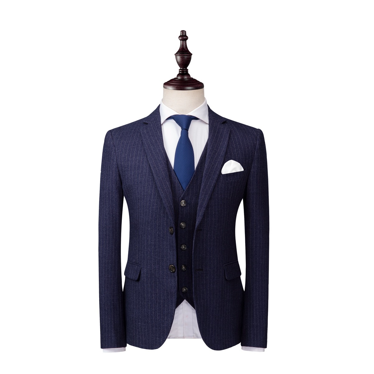 Grey Mens Pinstripe Suits British Style Slim Notch Lapel Groom Party Tuxedo Wedding Tuxedos Formal Prom Suit (Jacket+Pants+Vest)