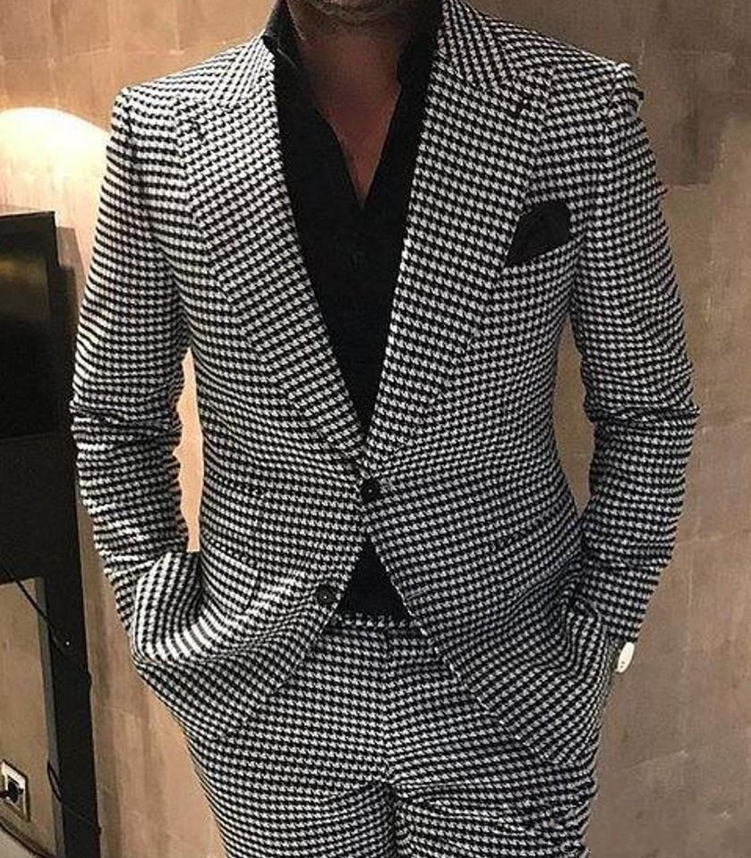 Houndstooth Mens Suits Groom Tuxedos Peak Lapel Men Wedding Tuxedo Fashion Men Jacket Blazer Prom DinnerParty SuitJacketPants